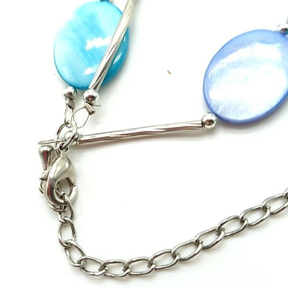 Triple Strand Shell Disc Necklace Turquoise Blue Silver-tone Tube Spacers - Picture 12 of 13